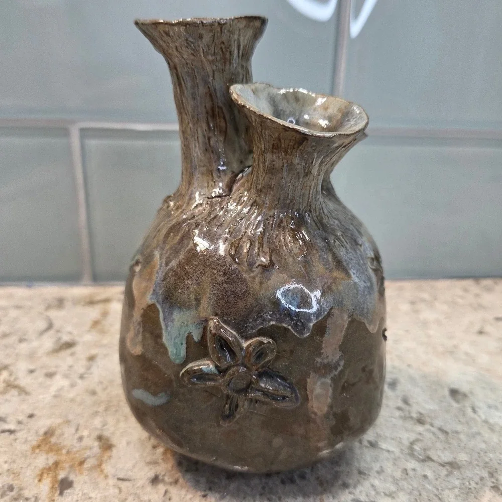 Vintage 1969 Studio Pottery Triple Spout Bud Vase FL Brown Blue Glaze 5.5